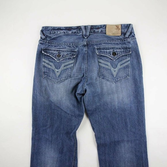 Vigoss Mens Bootcut Jeans Blue Light Denim Embellished Button Fly Size 38x32 - Picture 7 of 12